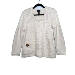 Pure Handknit Cream Patchwork Cable Knit Sweater Cotton L XL Chunky Artsy Boho